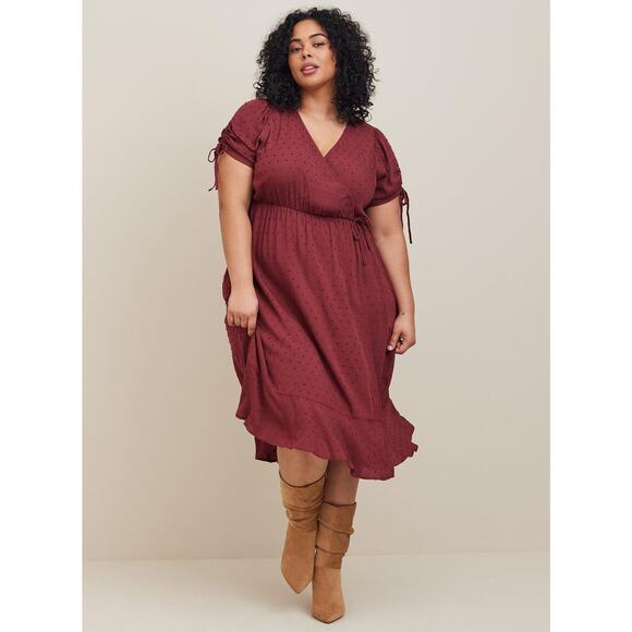 Torrid Midi Swiss Linen Surplice Dress Faux Wrap Burgundy 0 / Large / 12 - Picture 1 of 10